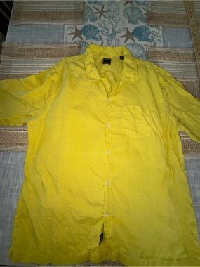 Todd Synder Men's Linen Shirt, Yellow, Camp Collar, Short-Sleeve, XXL